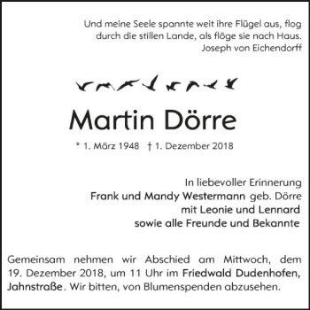 Traueranzeige von Martin Dörre von Mannheimer Morgen