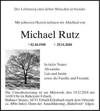 Traueranzeige von Michael Rutz von Südhessen Morgen