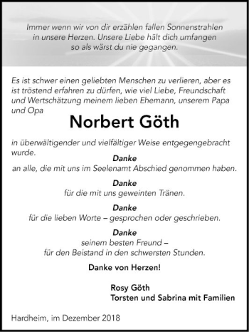 Traueranzeige von Norbert Göth von Fränkische Nachrichten