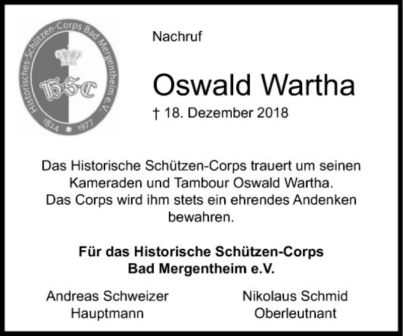  Traueranzeige für Oswald Wartha vom 24.12.2018 aus Fränkische Nachrichten