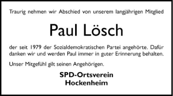 Traueranzeige von Paul Lösch von Schwetzinger Zeitung