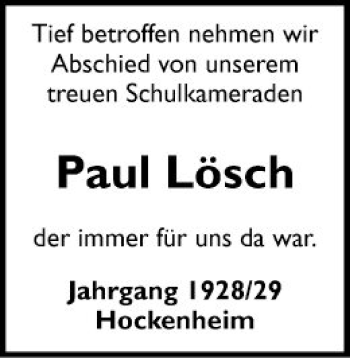 Traueranzeige von Paul Lösch von Schwetzinger Zeitung
