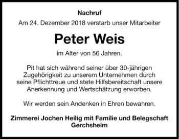 Traueranzeige von Peter Weis von Fränkische Nachrichten