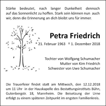 Traueranzeige von Petra Friedrich von Mannheimer Morgen