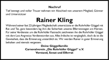 Traueranzeige von Rainer Kling von Schwetzinger Zeitung