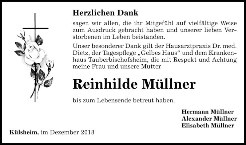  Traueranzeige für Reinhilde Müllner vom 29.12.2018 aus Fränkische Nachrichten