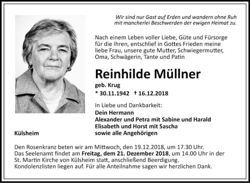  Traueranzeige für Reinhilde Müllner vom 18.12.2018 aus Fränkische Nachrichten