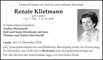 Traueranzeige von Renate Klietmann von Fränkische Nachrichten