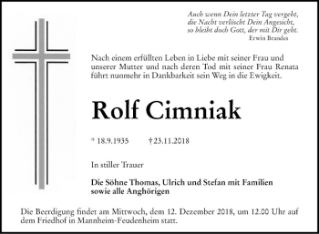 Traueranzeige von Rolf Cimniak von Mannheimer Morgen