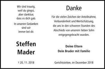 Traueranzeige von Steffen Mader von Fränkische Nachrichten