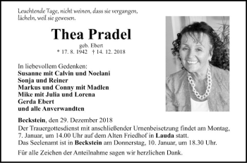 Traueranzeige von Thea Pradel von Fränkische Nachrichten