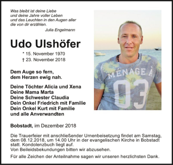 Traueranzeige von Udo Ulshöfer von Fränkische Nachrichten