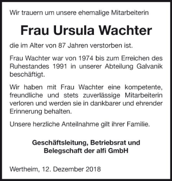 Traueranzeige von Ursula Wachter von Fränkische Nachrichten