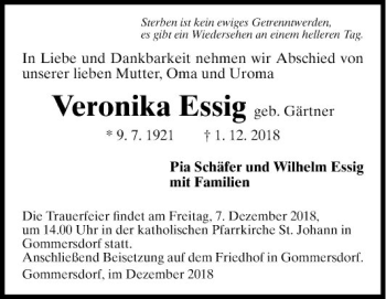 Traueranzeige von Veronika Essig von Fränkische Nachrichten