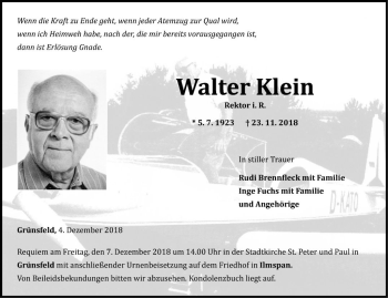 Traueranzeige von Walter Klein von Fränkische Nachrichten