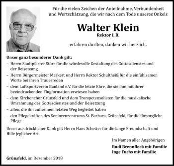 Traueranzeige von Walter Klein von Fränkische Nachrichten