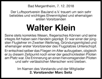 Traueranzeige von Walter Klein von Fränkische Nachrichten