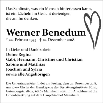 Traueranzeige von Werner Benedum von Mannheimer Morgen