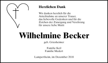Traueranzeige von Wilhelmine Becker von Südhessen Morgen