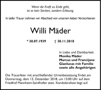 Traueranzeige von Willi Mäder von Mannheimer Morgen