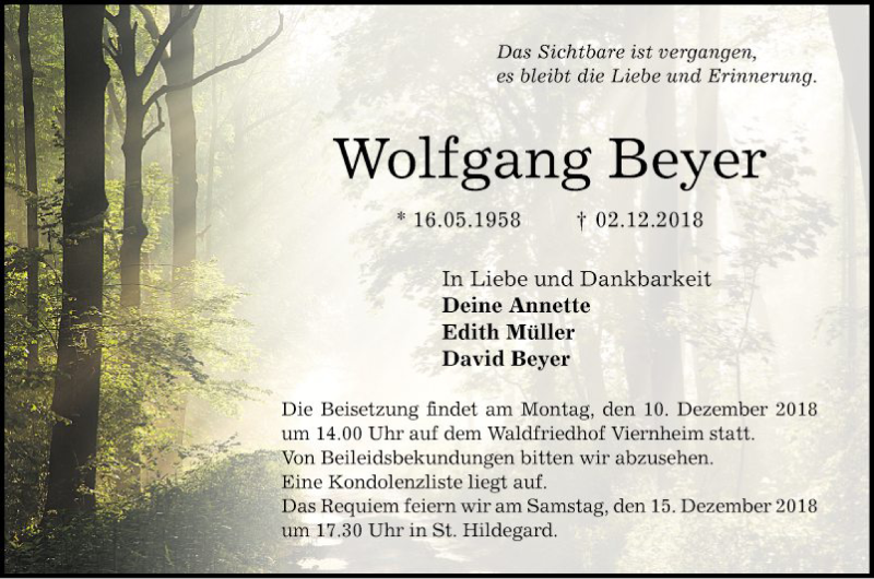  Traueranzeige für Wolfgang Beyer vom 07.12.2018 aus Südhessen Morgen