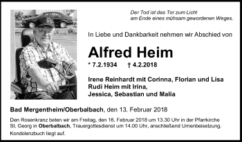 Traueranzeige von Alfred Heim von Fränkische Nachrichten
