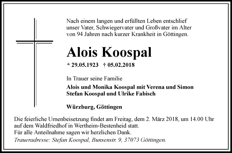  Traueranzeige für Alois Koospal vom 28.02.2018 aus Fränkische Nachrichten