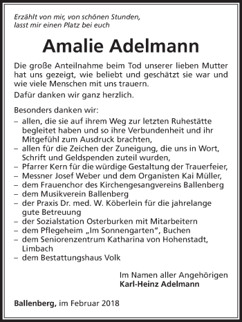 Traueranzeige von Amalie Adelmann von Fränkische Nachrichten