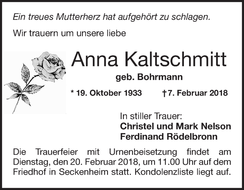 Traueranzeige für Anna Kaltschmitt vom 15.02.2018 aus Mannheimer Morgen
