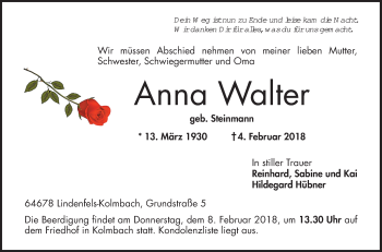 Traueranzeige von Anna Walter von Bergsträßer Anzeiger