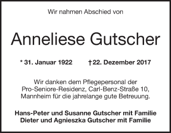 Traueranzeige von Anneliese Gutscher von Mannheimer Morgen / Schwetzinger Zeitung