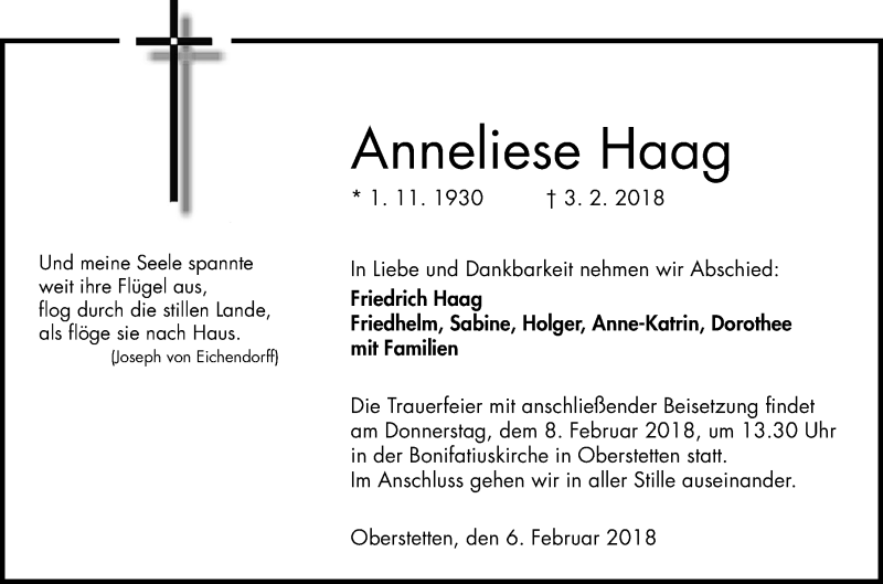  Traueranzeige für Anneliese Haag vom 06.02.2018 aus Fränkische Nachrichten