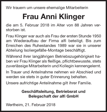 Traueranzeige von Anni Klinger von Fränkische Nachrichten
