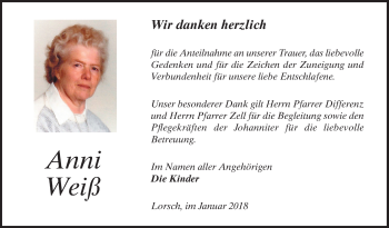 Traueranzeige von Anni Weiß von Bergsträßer Anzeiger