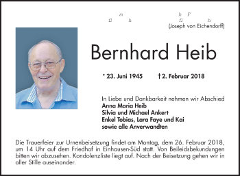Traueranzeige von Bernhard Heib von Bergsträßer Anzeiger