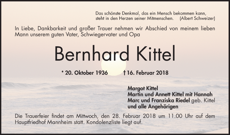  Traueranzeige für Bernhard Kittel vom 24.02.2018 aus Mannheimer Morgen