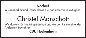 Traueranzeige von Christel Manschott von Schwetzinger Zeitung