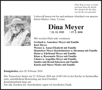 Traueranzeige von Dina Meyer von Fränkische Nachrichten