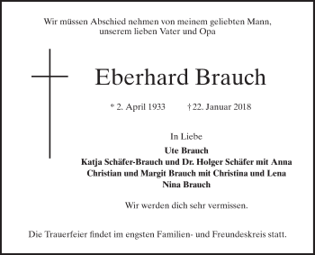 Traueranzeige von Eberhard Brauch von Mannheimer Morgen / Schwetzinger Zeitung