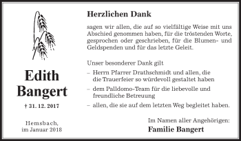 Traueranzeige von Edith Bangert von Fränkische Nachrichten