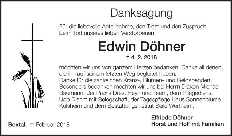  Traueranzeige für Edwin Döhner vom 23.02.2018 aus Fränkische Nachrichten