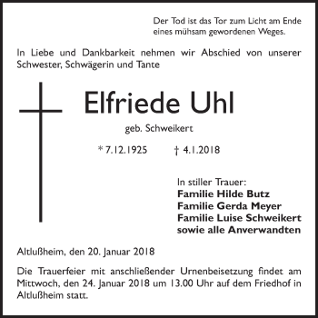 Traueranzeige von Elfriede Uhl von Mannheimer Morgen / Schwetzinger Zeitung