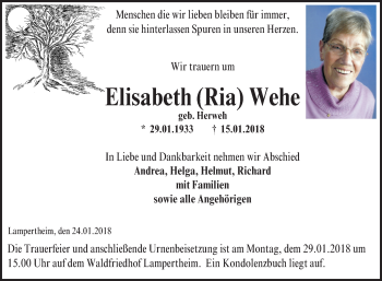 Traueranzeige von Elisabeth Wehe von Mannheimer Morgen / Schwetzinger Zeitung