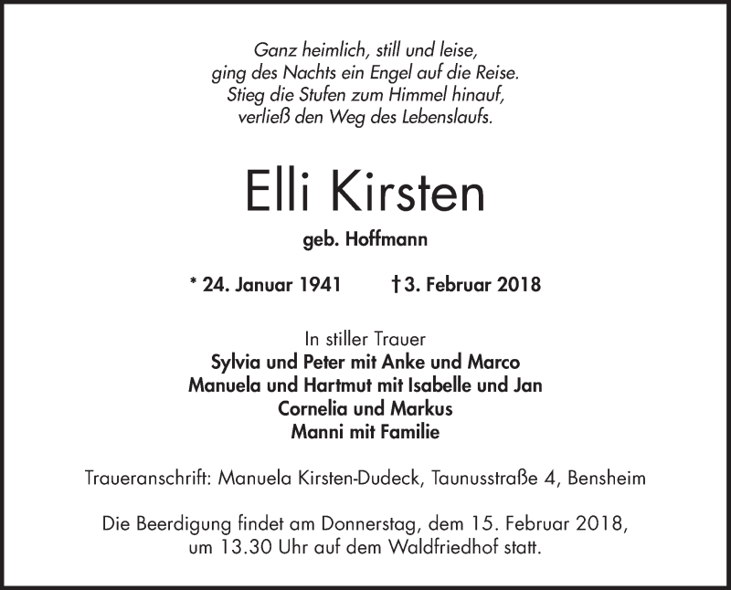  Traueranzeige für Elli Kirsten vom 10.02.2018 aus Bergsträßer Anzeiger