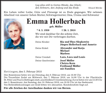 Traueranzeige von Emma Hollerbach von Fränkische Nachrichten