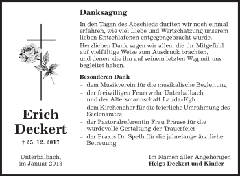 Traueranzeige von Erich Deckert von Fränkische Nachrichten