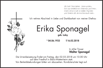 Traueranzeige von Erika Sponagel von Südhessen Morgen