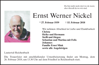 Traueranzeige von Ernst Werner Nickel von Bergsträßer Anzeiger