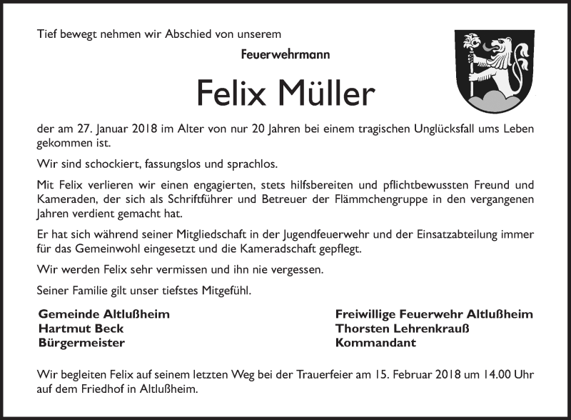  Traueranzeige für Felix Müller vom 09.02.2018 aus Schwetzinger Zeitung