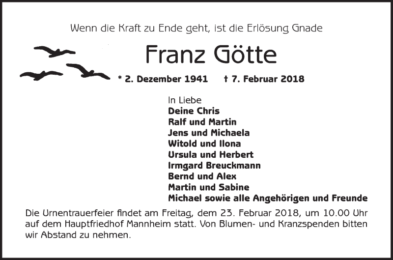  Traueranzeige für Franz Götte vom 17.02.2018 aus Mannheimer Morgen